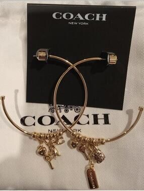 Coach Dangle Multi Charm Large Hoop Gold Tone NWT Authentic 127 MSRP